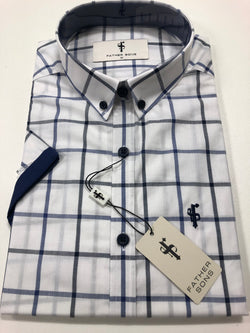 Father Sons Classic White Navy Check Print Short Sleeve - FS192