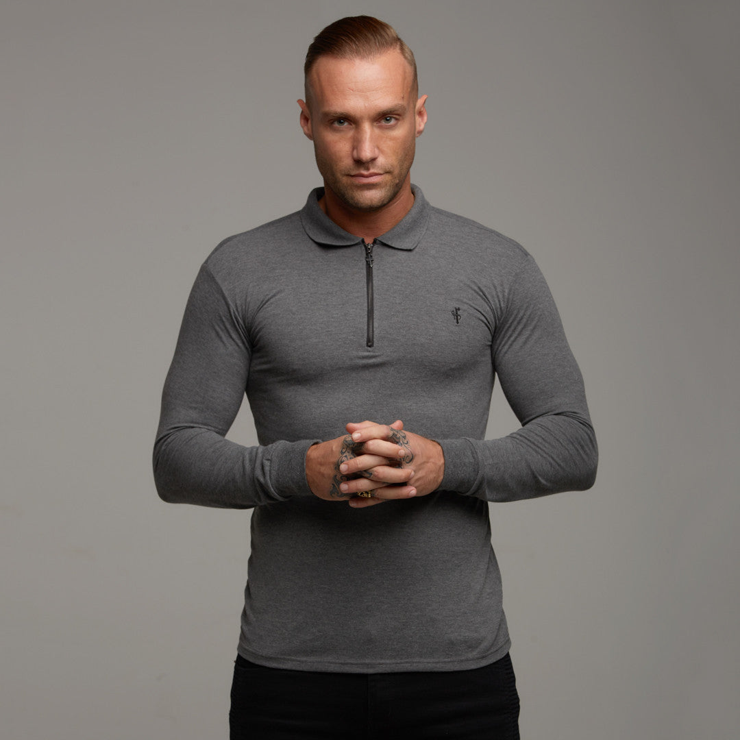 Classic Dark Grey Zipped Polo Long Sleeve Shirt - FSH026