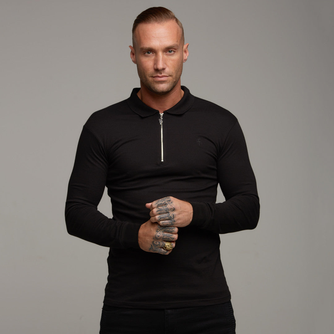 Classic Black Zipped Polo Long Sleeve Shirt - FSH025