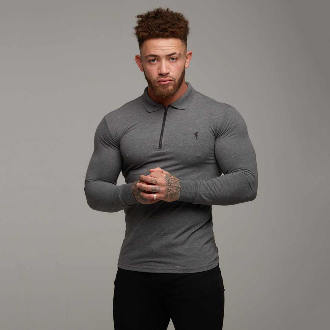 Classic Dark Grey Zipped Polo Long Sleeve Shirt - FSH026