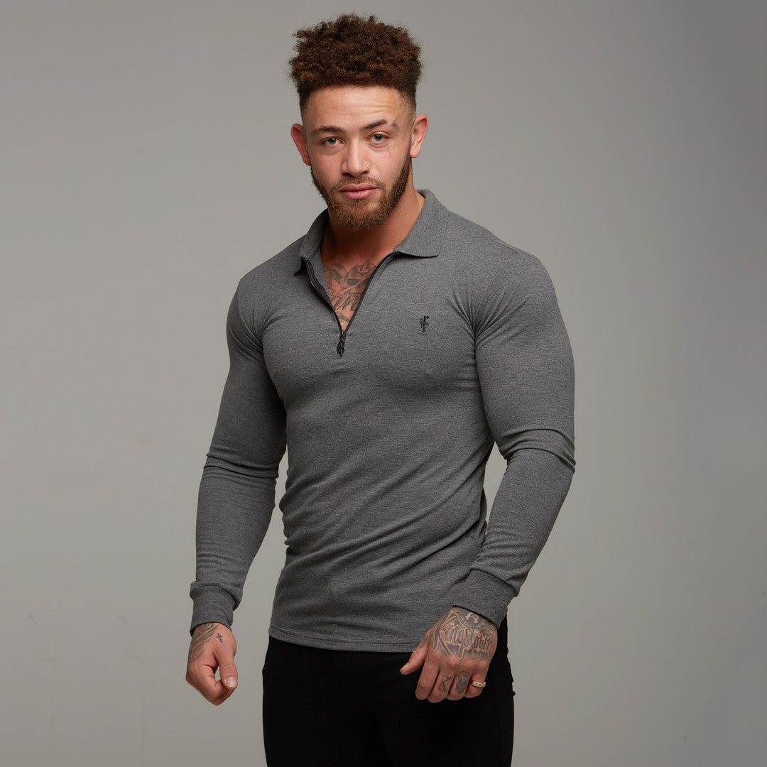 Classic Dark Grey Zipped Polo Long Sleeve Shirt - FSH026