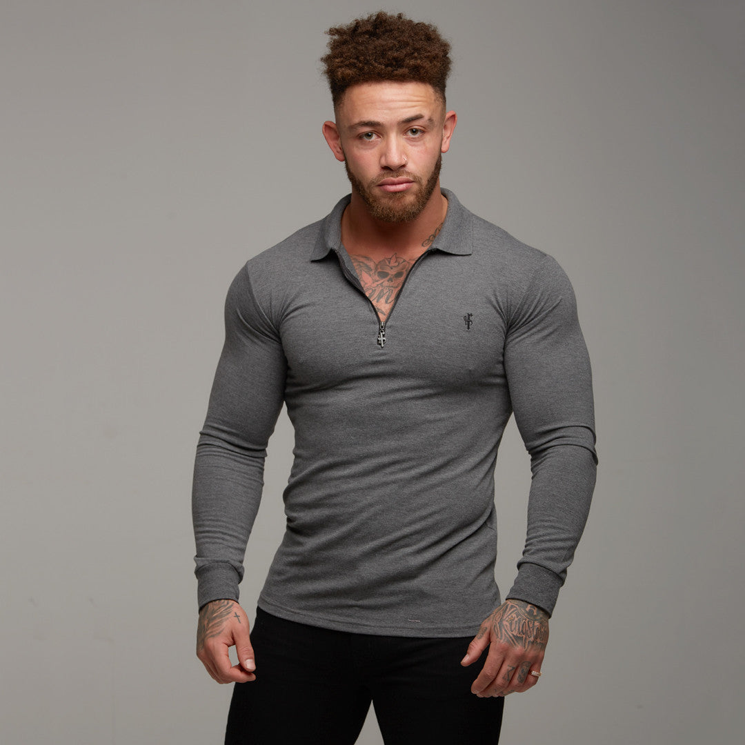 Classic Dark Grey Zipped Polo Long Sleeve Shirt - FSH026