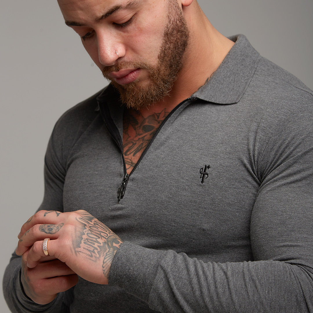 Classic Dark Grey Zipped Polo Long Sleeve Shirt - FSH026