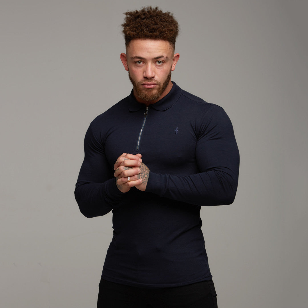Classic Navy Zipped Polo Long Sleeve Shirt - FSH024