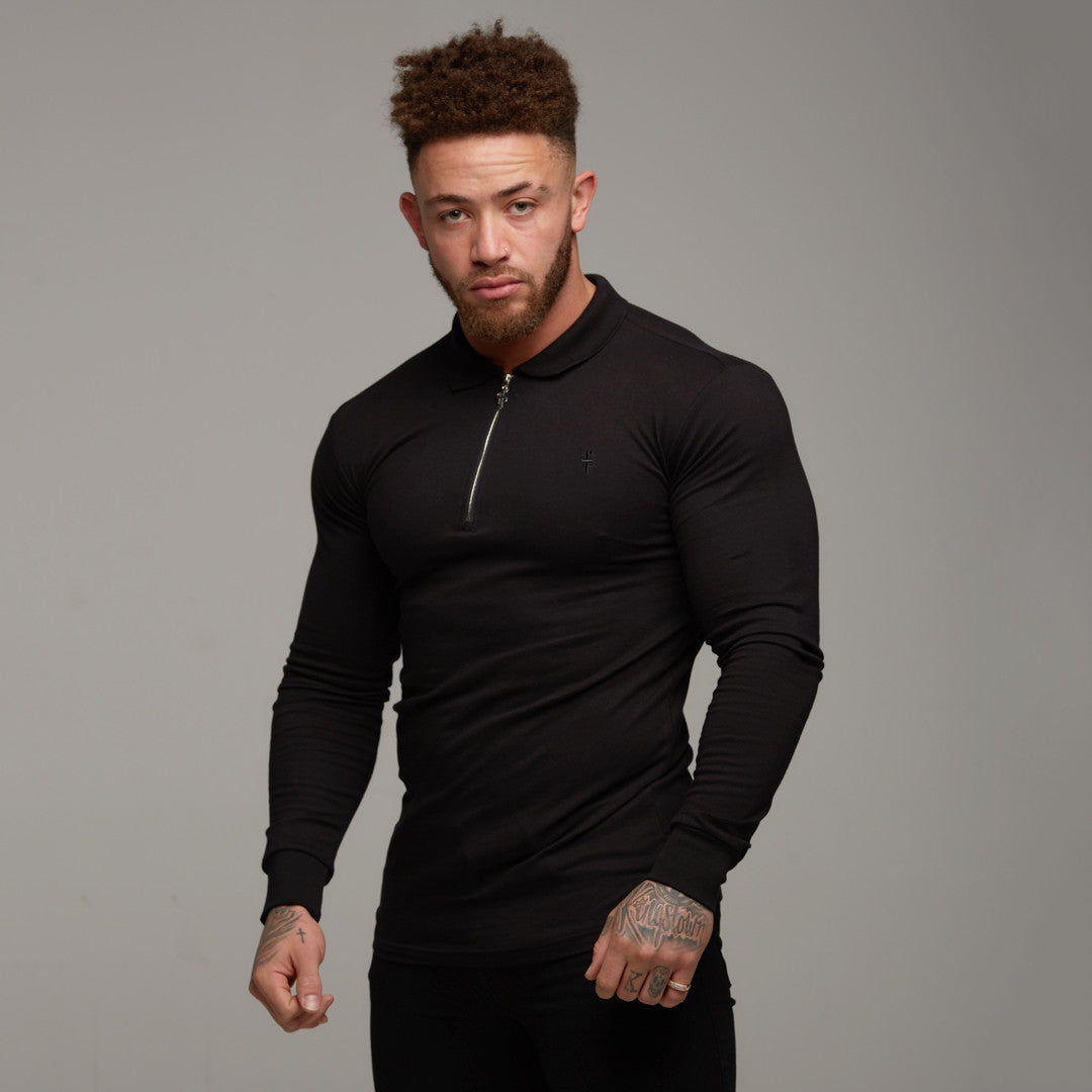 Classic Black Zipped Polo Long Sleeve Shirt - FSH025