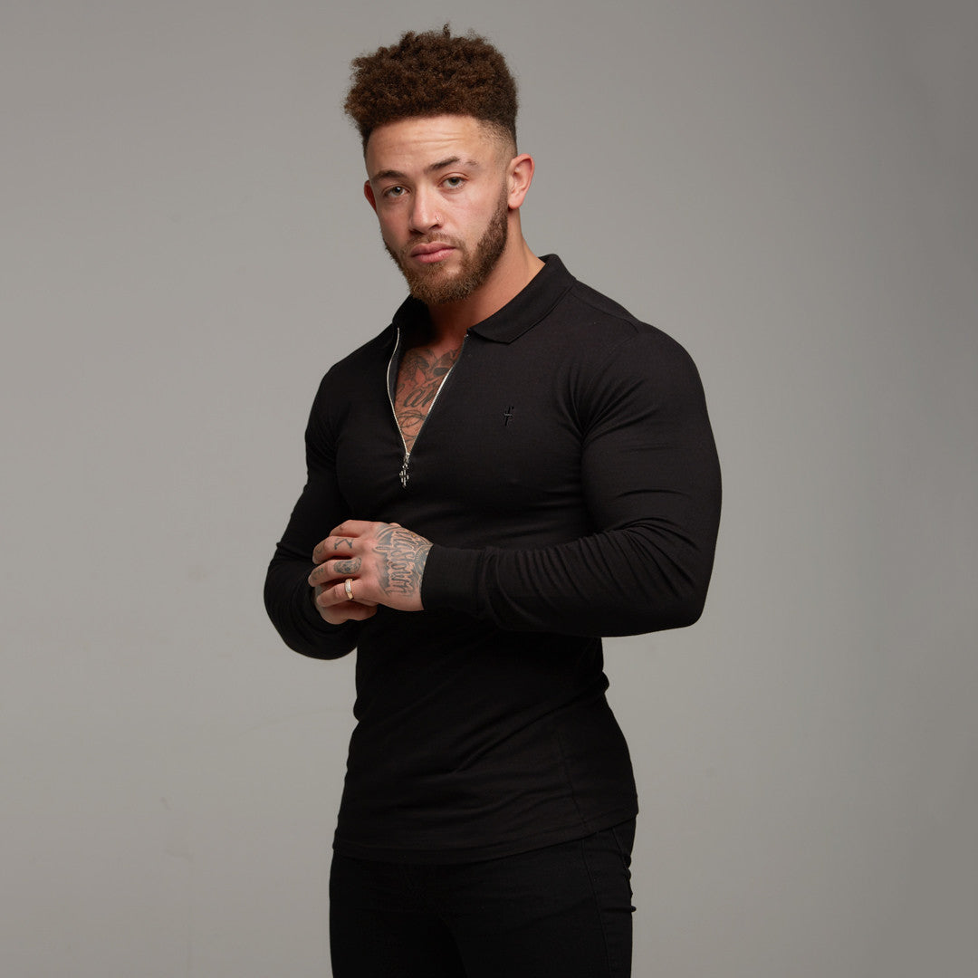 Classic Black Zipped Polo Long Sleeve Shirt - FSH025