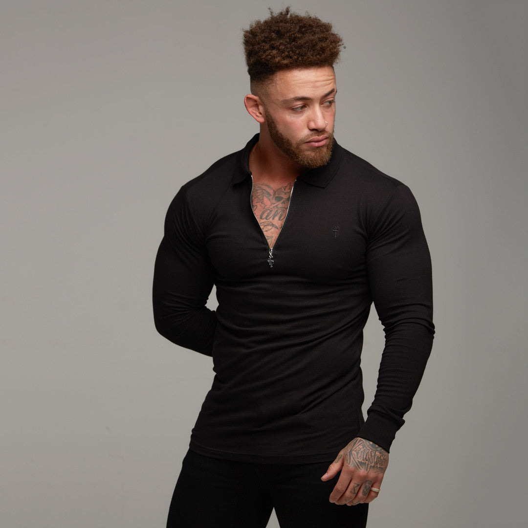 Classic Black Zipped Polo Long Sleeve Shirt - FSH025