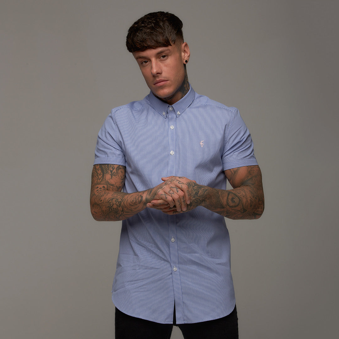 Classic Blue Gingham Short Sleeve (Pink Emblem) - FS259