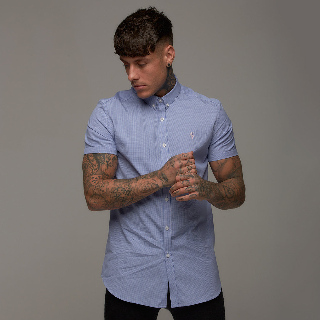 Classic Blue Gingham Short Sleeve (Pink Emblem) - FS259