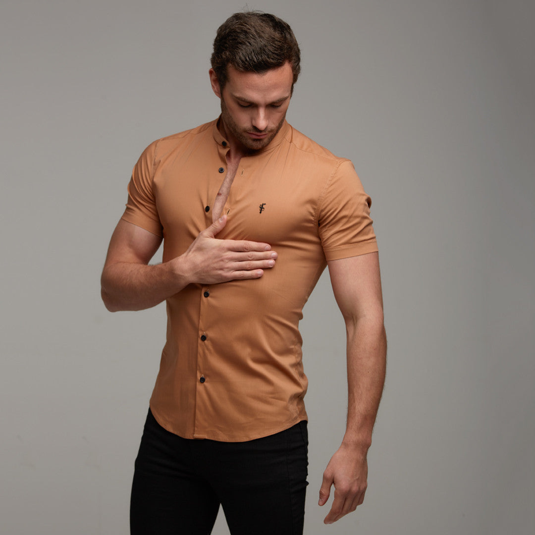 Super Slim Stretch Classic Tan Grandad Collar Short Sleeve - FS287 (LAST CHANCE)