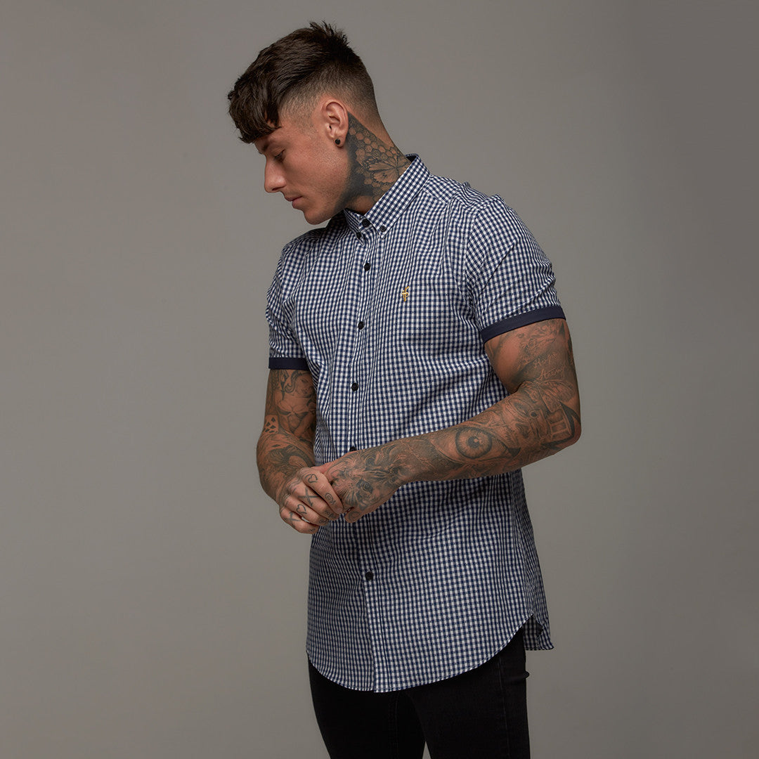 Classic Navy White Gingham Dobby Short Sleeve (Gold Emblem) - FS243 (LAST CHANCE)