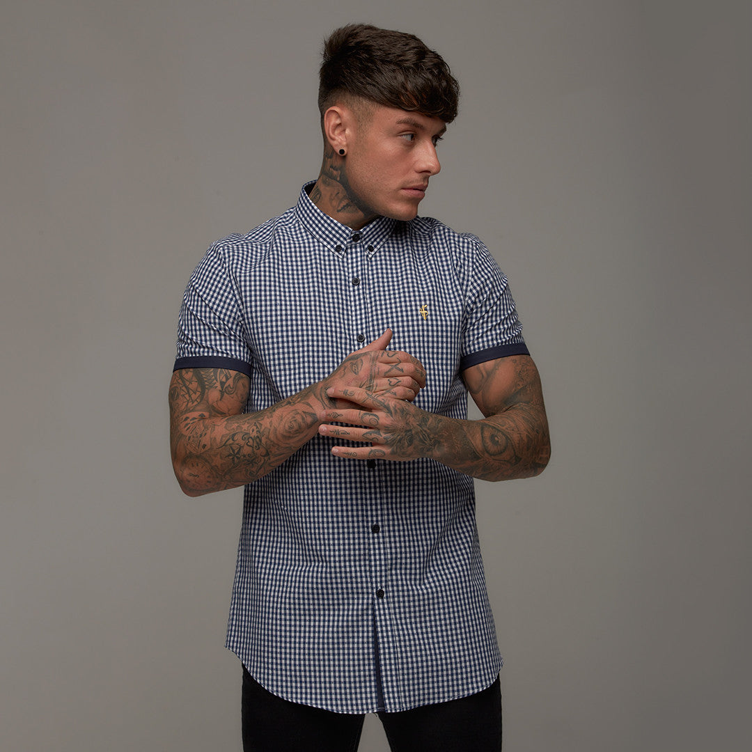 Classic Navy White Gingham Dobby Short Sleeve (Gold Emblem) - FS243 (LAST CHANCE)