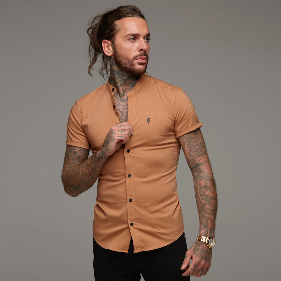 Super Slim Stretch Classic Tan Grandad Collar Short Sleeve - FS287 (LAST CHANCE)