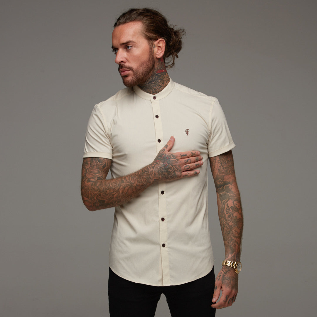 Super Slim Stretch Classic Sand Grandad Collar Short Sleeve - FS290 (LAST CHANCE)