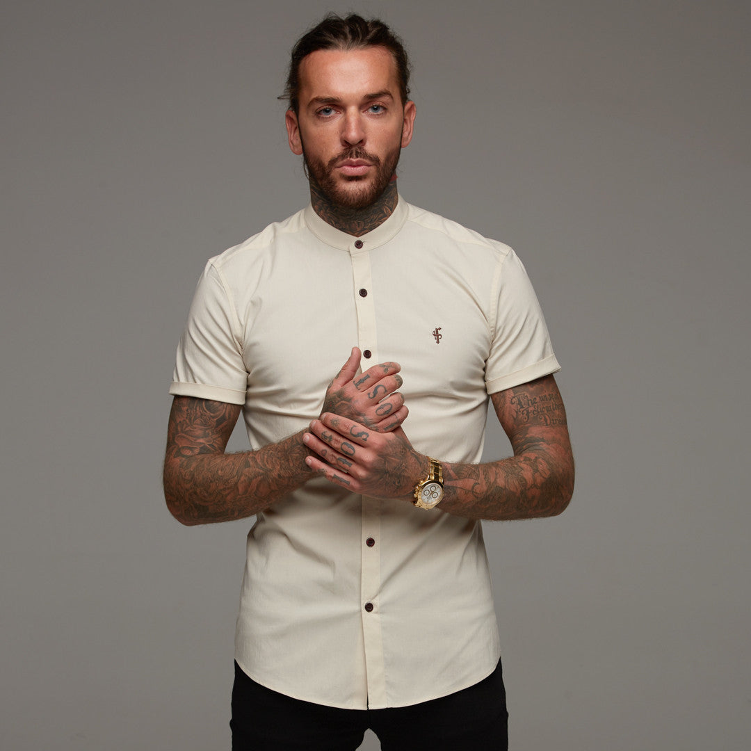 Super Slim Stretch Classic Sand Grandad Collar Short Sleeve - FS290 (LAST CHANCE)