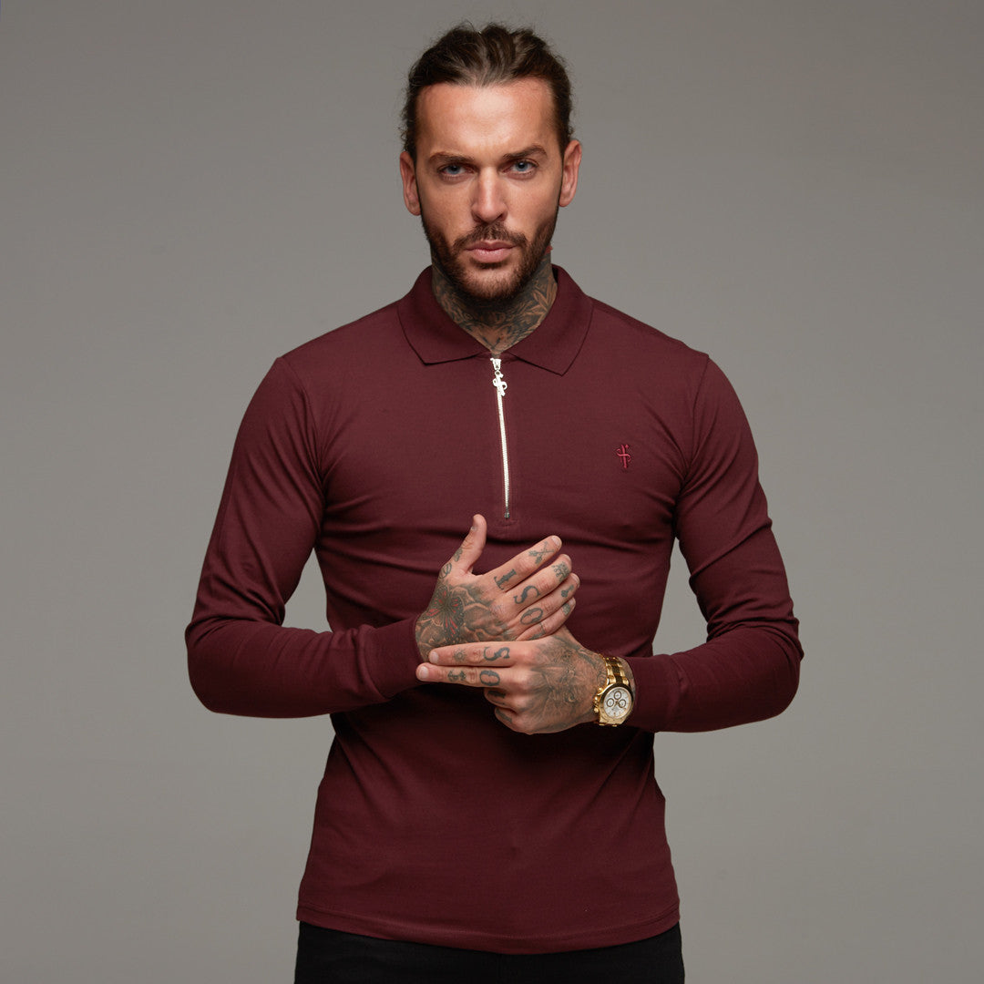 Classic Burgundy Zipped Polo Long Sleeve Shirt - FSH022