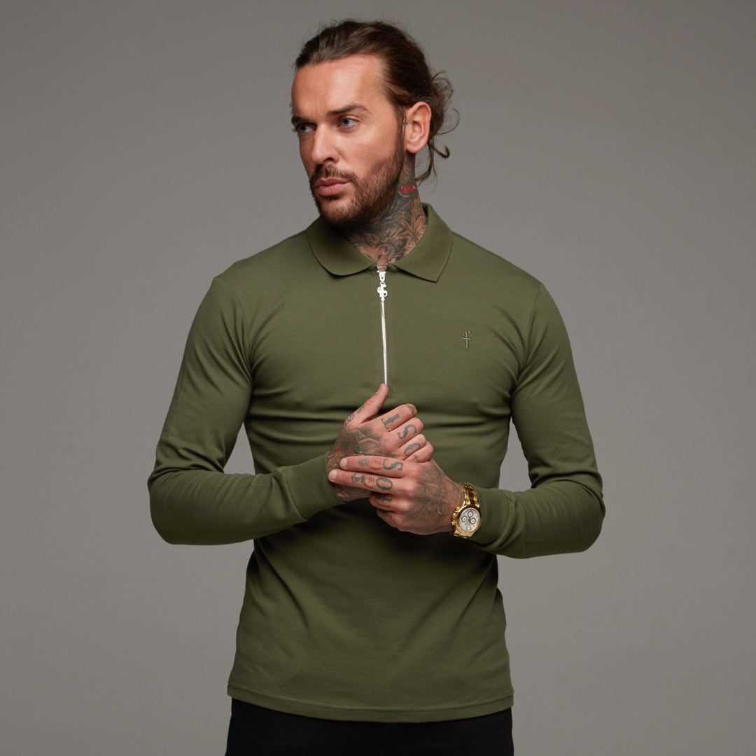 Classic Khaki Zipped Polo Long Sleeve Shirt - FSH023