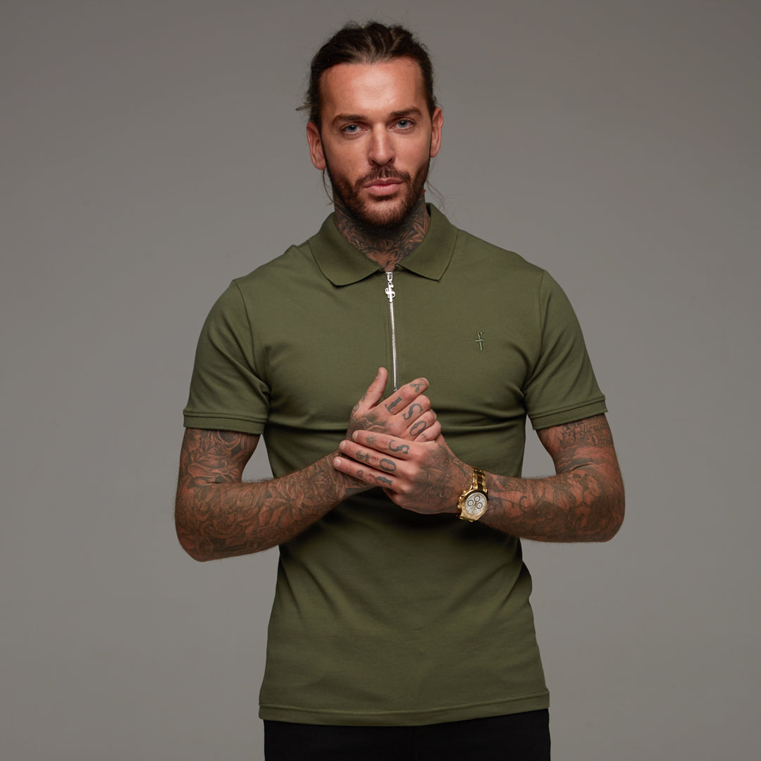 Classic Khaki Zipped Polo Short Sleeve Shirt - FSH028