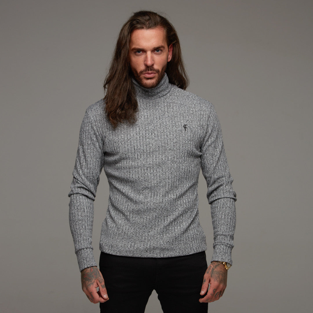 Classic Grey & Black Roll Neck Ribbed Knit Jumper - FSH119