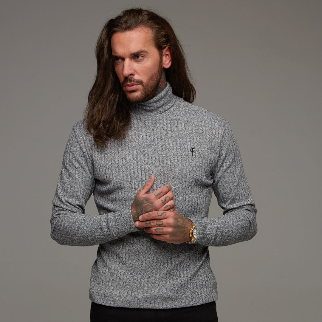 Classic Grey & Black Roll Neck Ribbed Knit Jumper - FSH119