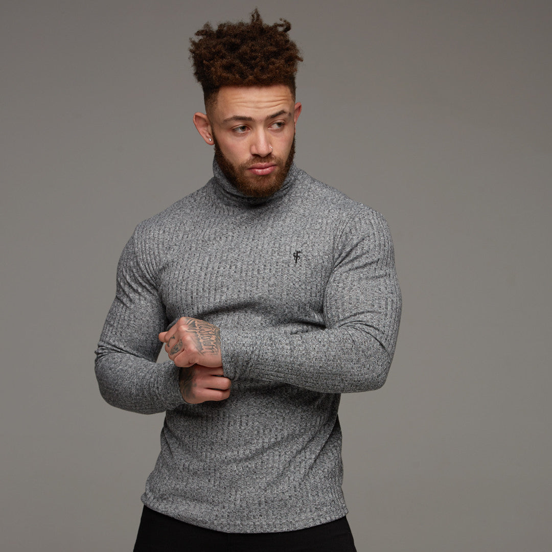 Classic Grey & Black Roll Neck Ribbed Knit Jumper - FSH119