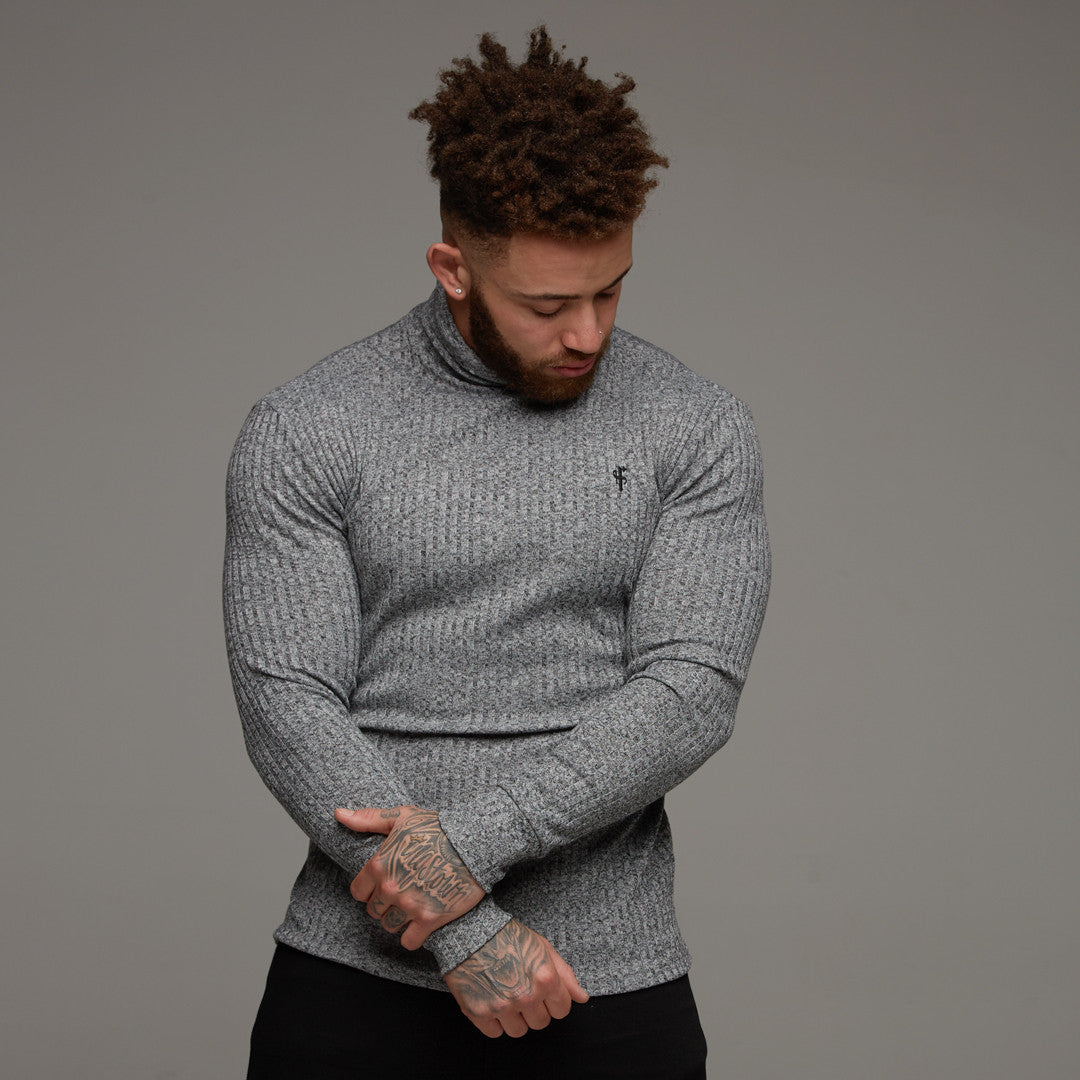 Classic Grey & Black Roll Neck Ribbed Knit Jumper - FSH119