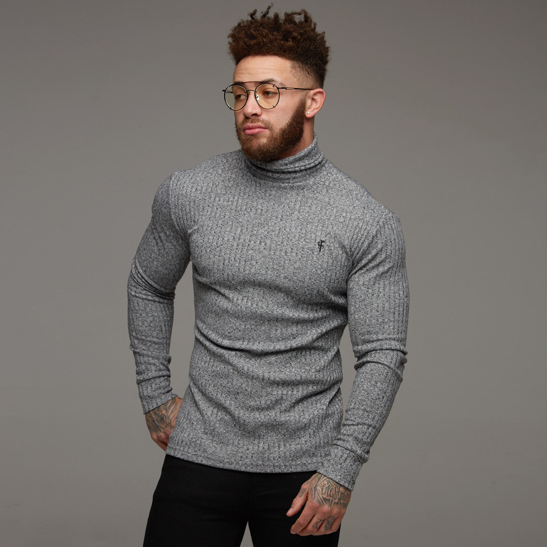 Classic Grey & Black Roll Neck Ribbed Knit Jumper - FSH119
