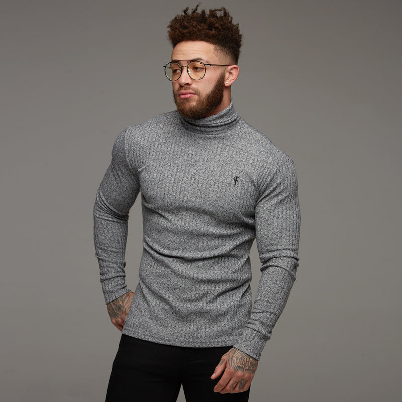 Father Sons Classic Grey & Black Roll Neck Ribbed Knit Jumper - FSH119