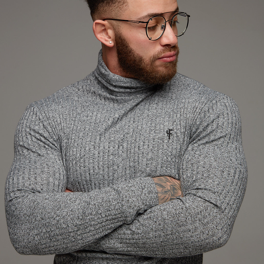 Classic Grey & Black Roll Neck Ribbed Knit Jumper - FSH119