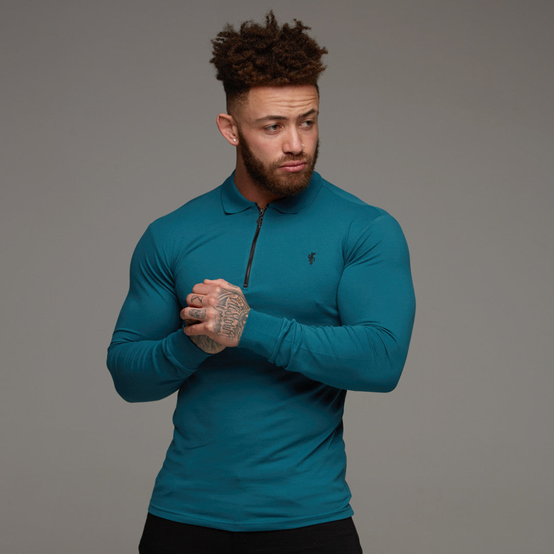 Classic Teal Zipped Polo Long Sleeve Shirt - FSH107 (LAST CHANCE)