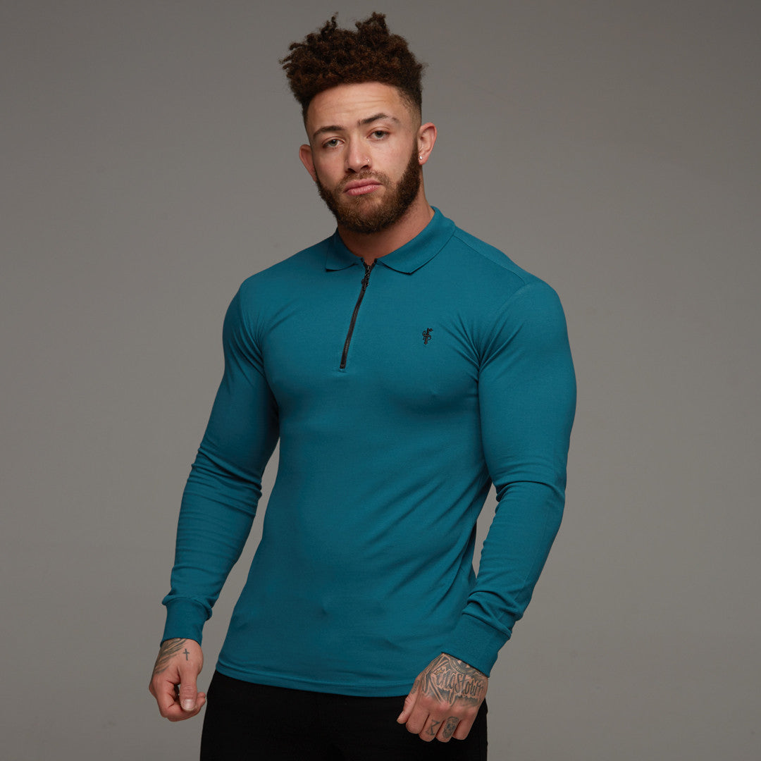 Classic Teal Zipped Polo Long Sleeve Shirt - FSH107 (LAST CHANCE)