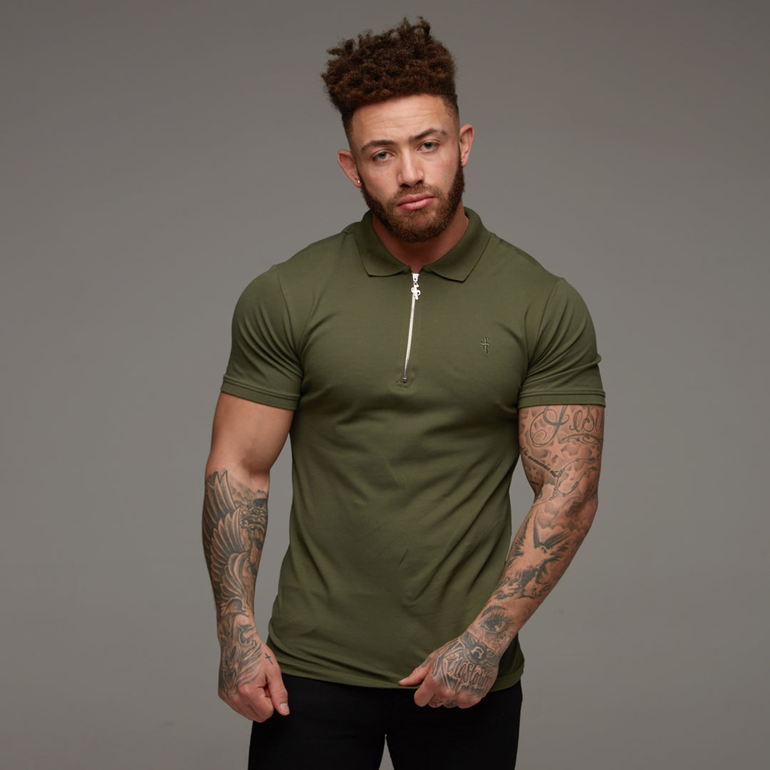 Classic Khaki Zipped Polo Short Sleeve Shirt - FSH028
