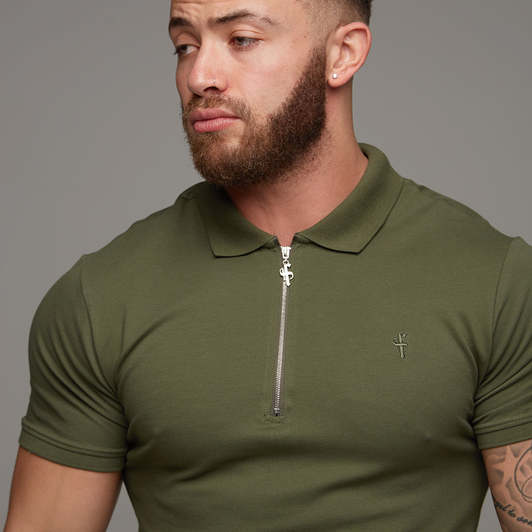 Classic Khaki Zipped Polo Short Sleeve Shirt - FSH028