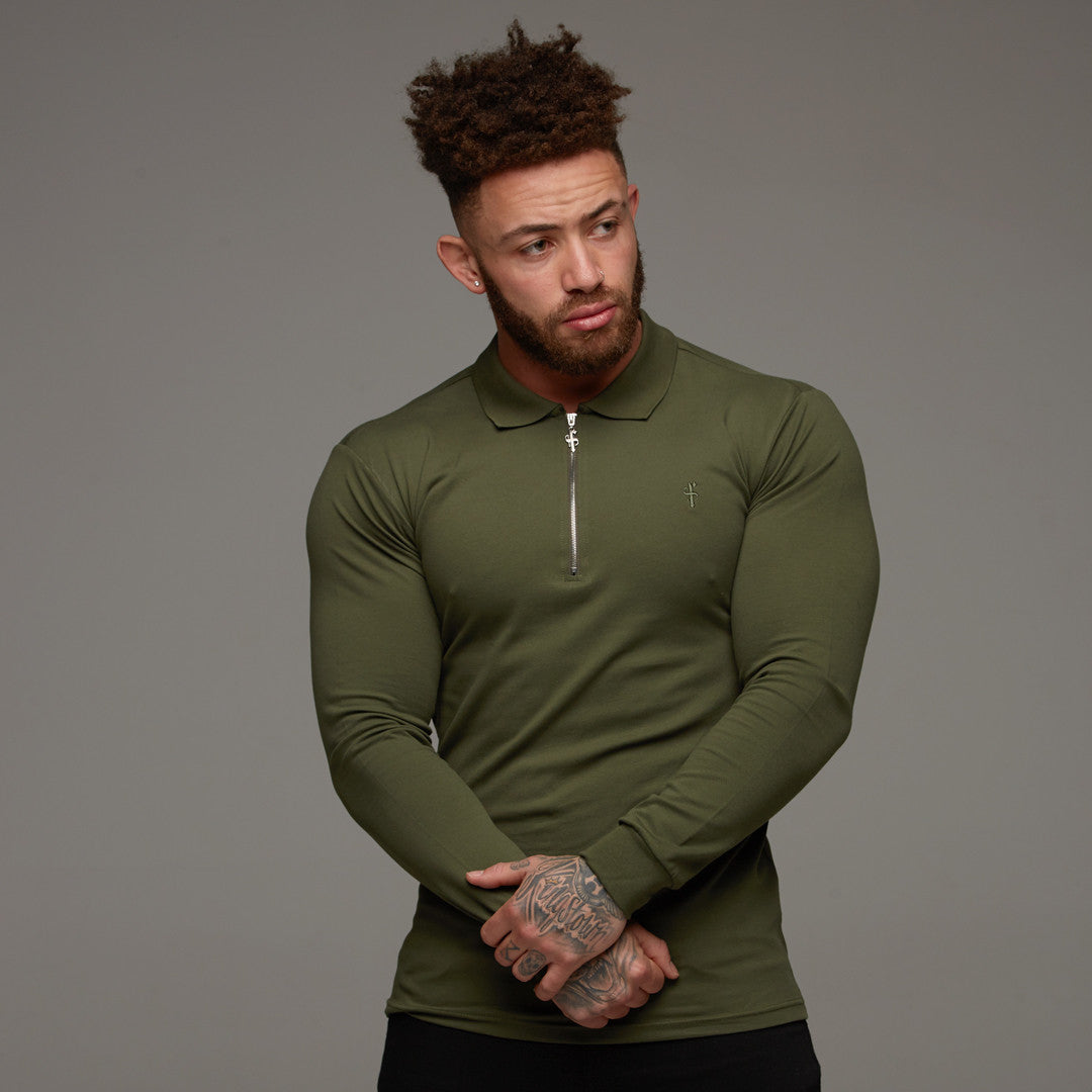 Classic Khaki Zipped Polo Long Sleeve Shirt - FSH023