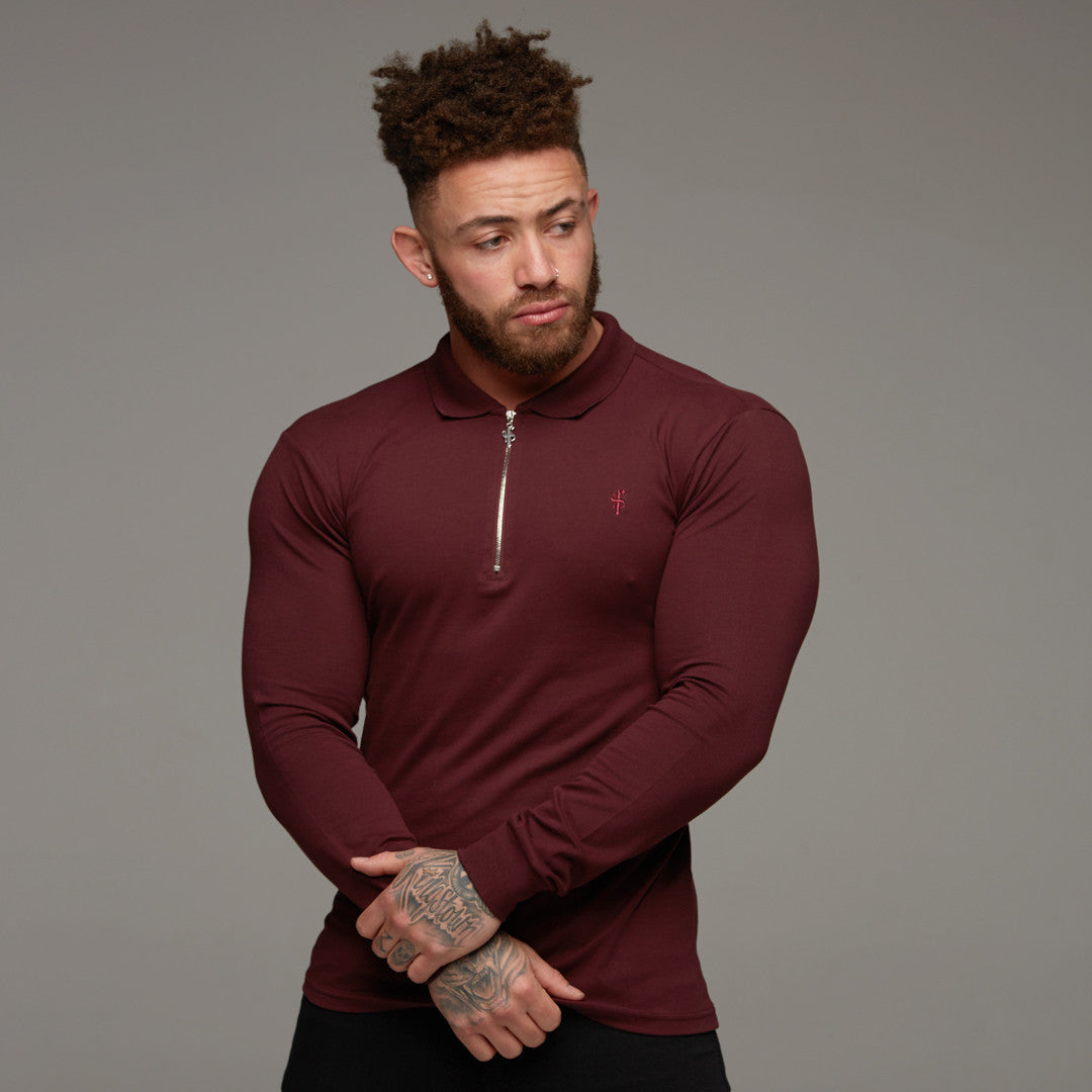 Classic Burgundy Zipped Polo Long Sleeve Shirt - FSH022