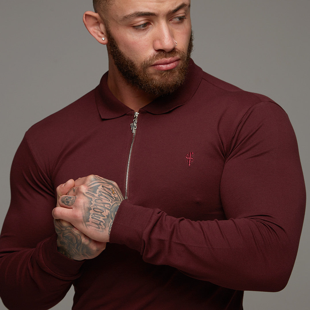 Classic Burgundy Zipped Polo Long Sleeve Shirt - FSH022