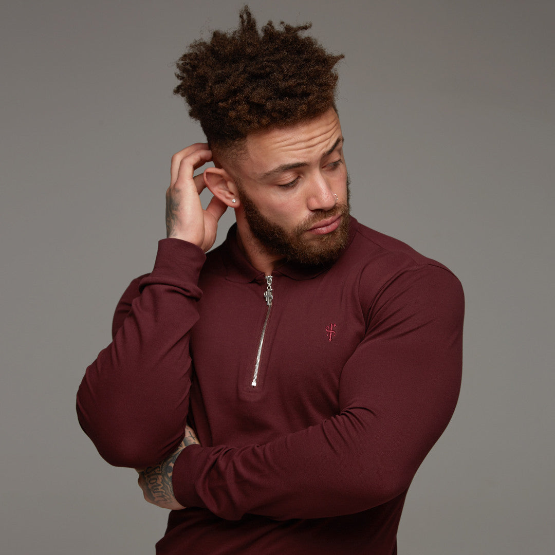 Classic Burgundy Zipped Polo Long Sleeve Shirt - FSH022