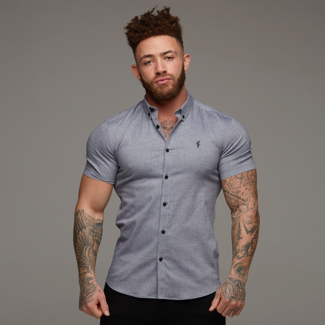 Super Slim Stretch Classic Oxford Denim Blue/Grey Short Sleeve - FS313(LAST CHANCE)
