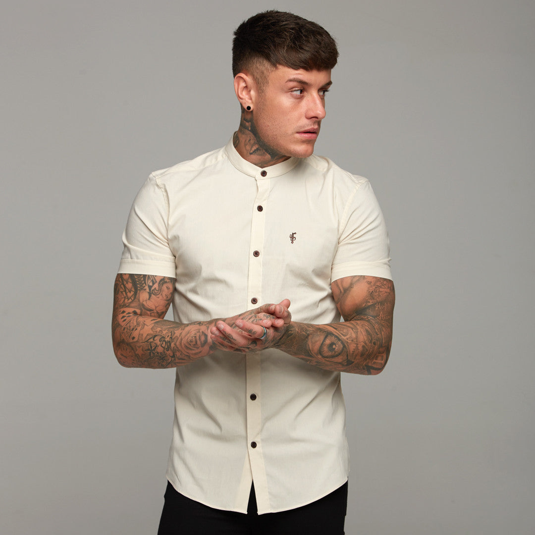 Super Slim Stretch Classic Sand Grandad Collar Short Sleeve - FS290 (LAST CHANCE)