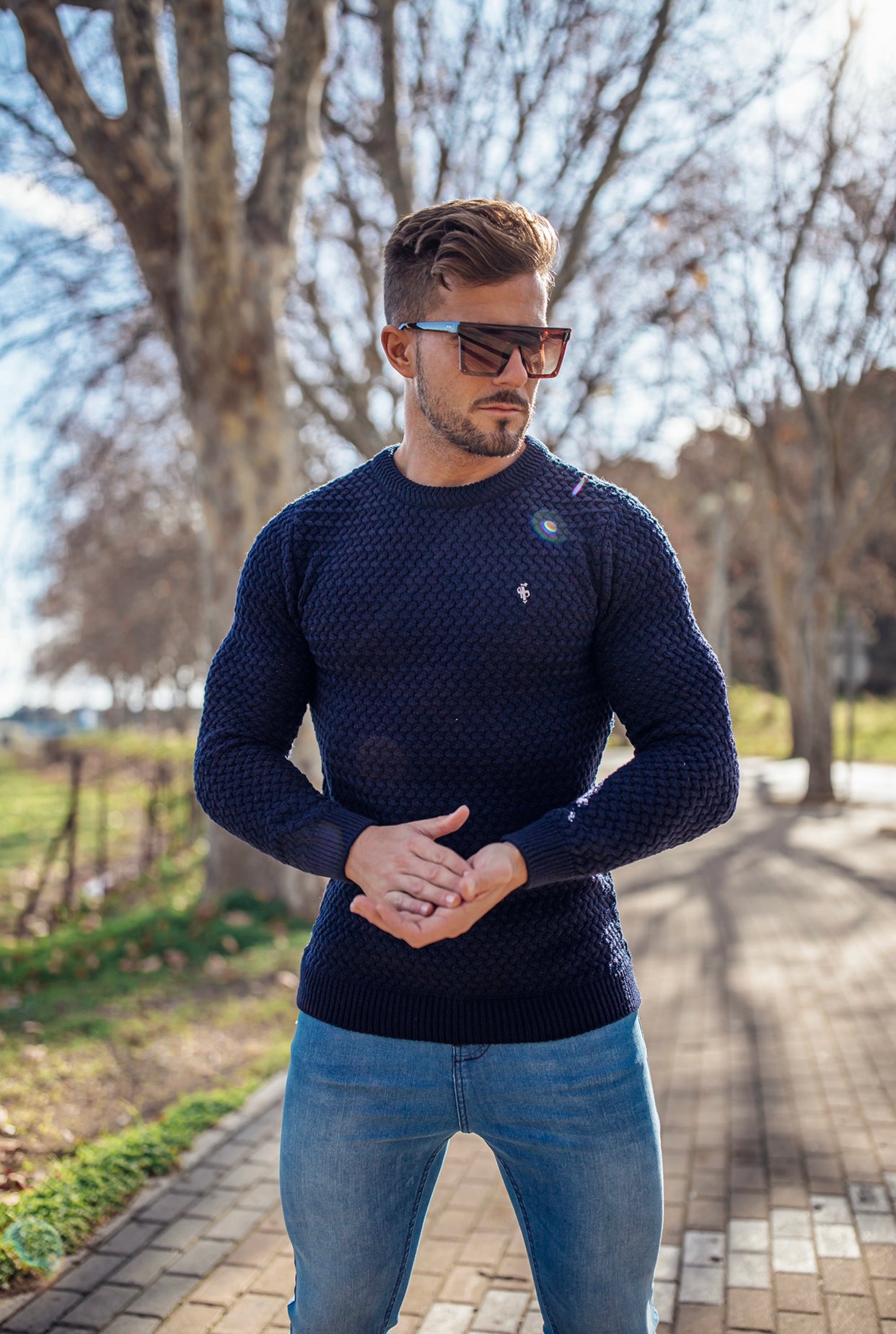 Navy Knitted Weave Super Slim Jumper With Metal Decal - FSJ013