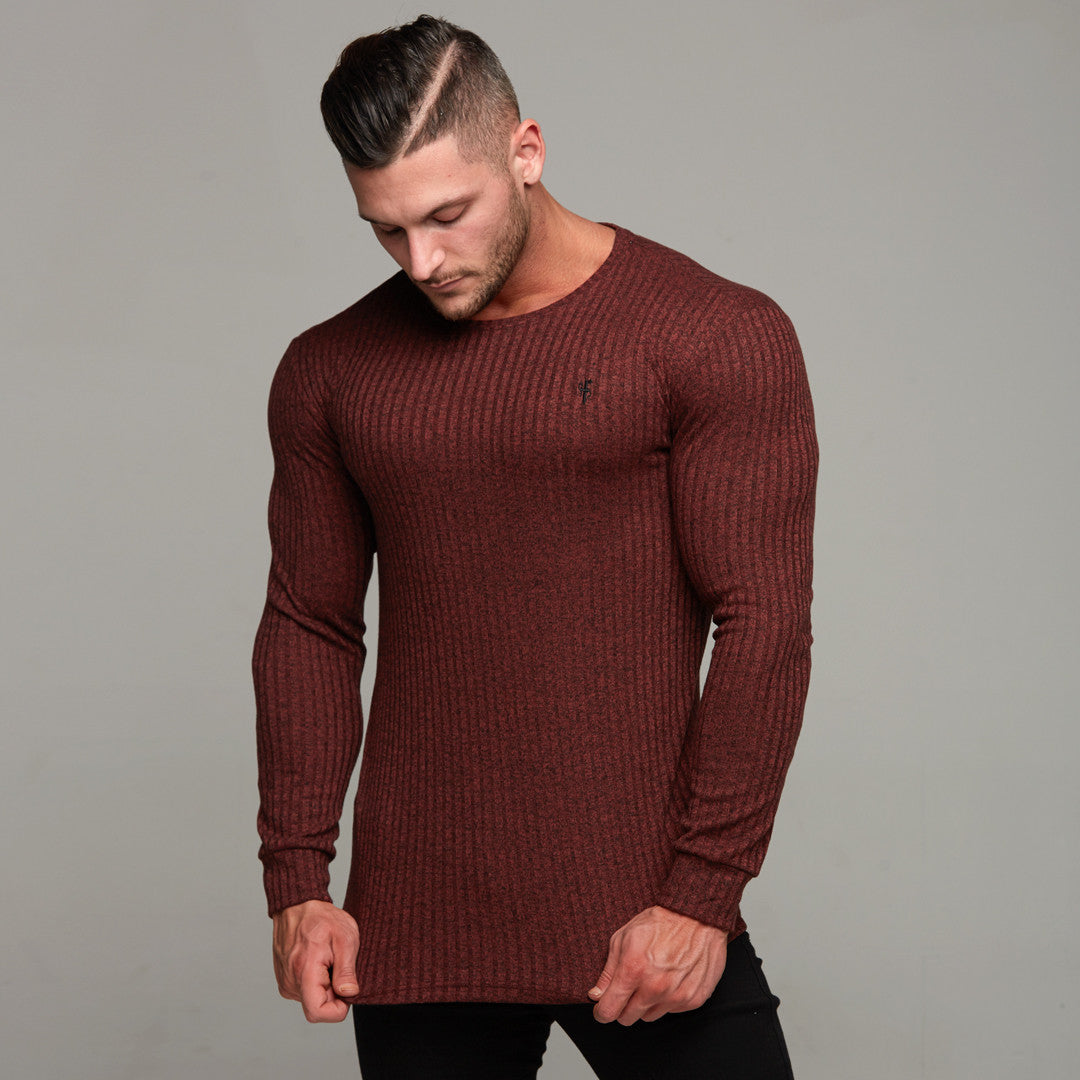 Classic Burgundy Ribbed Knit Super Slim Crew - FSH113