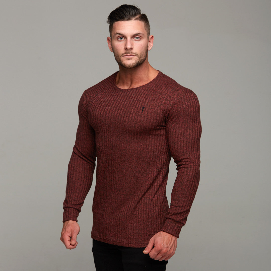 Classic Burgundy Ribbed Knit Super Slim Crew - FSH113