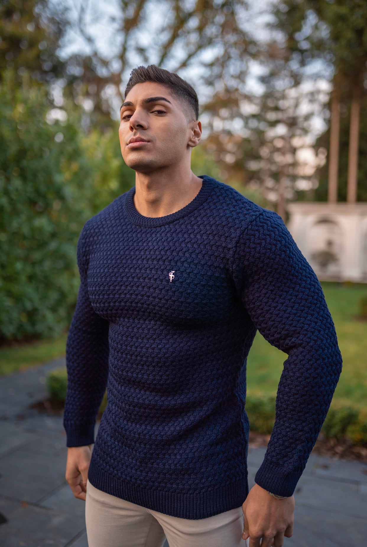 Navy Knitted Weave Super Slim Jumper With Metal Decal - FSJ013