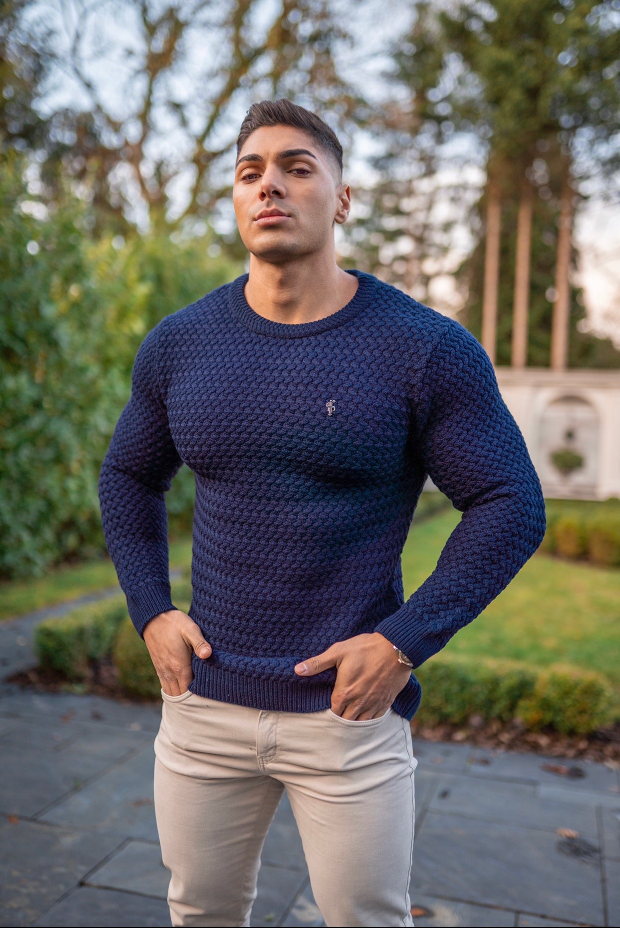 Navy Knitted Weave Super Slim Jumper With Metal Decal - FSJ013