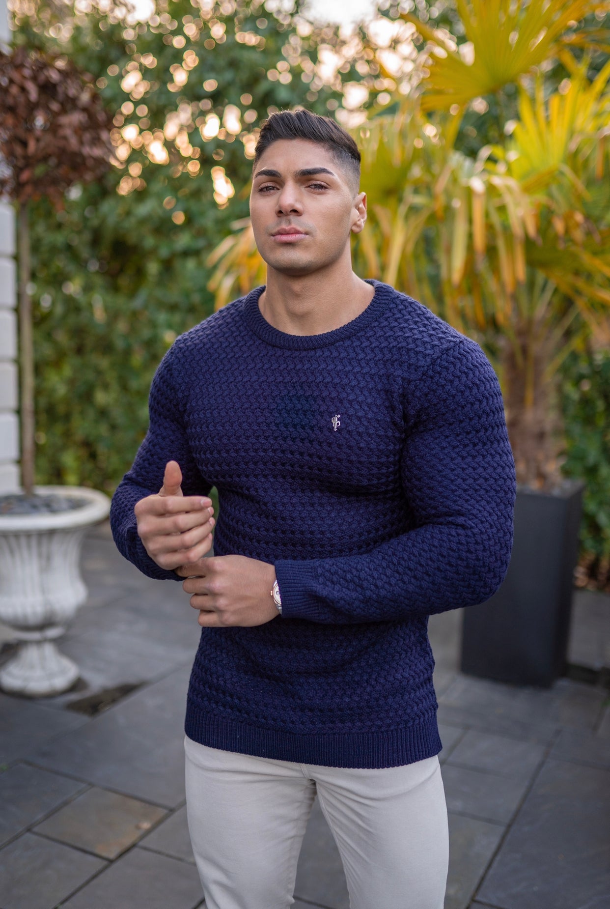 Navy Knitted Weave Super Slim Jumper With Metal Decal - FSJ013