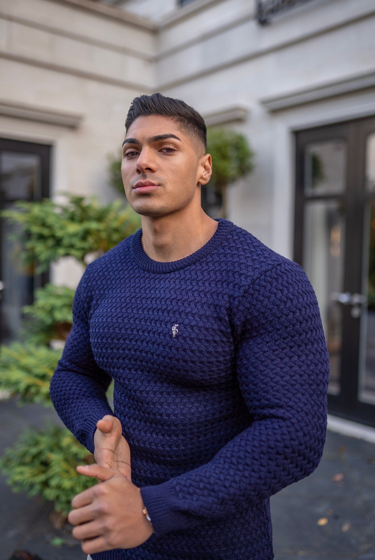 Navy Knitted Weave Super Slim Jumper With Metal Decal - FSJ013