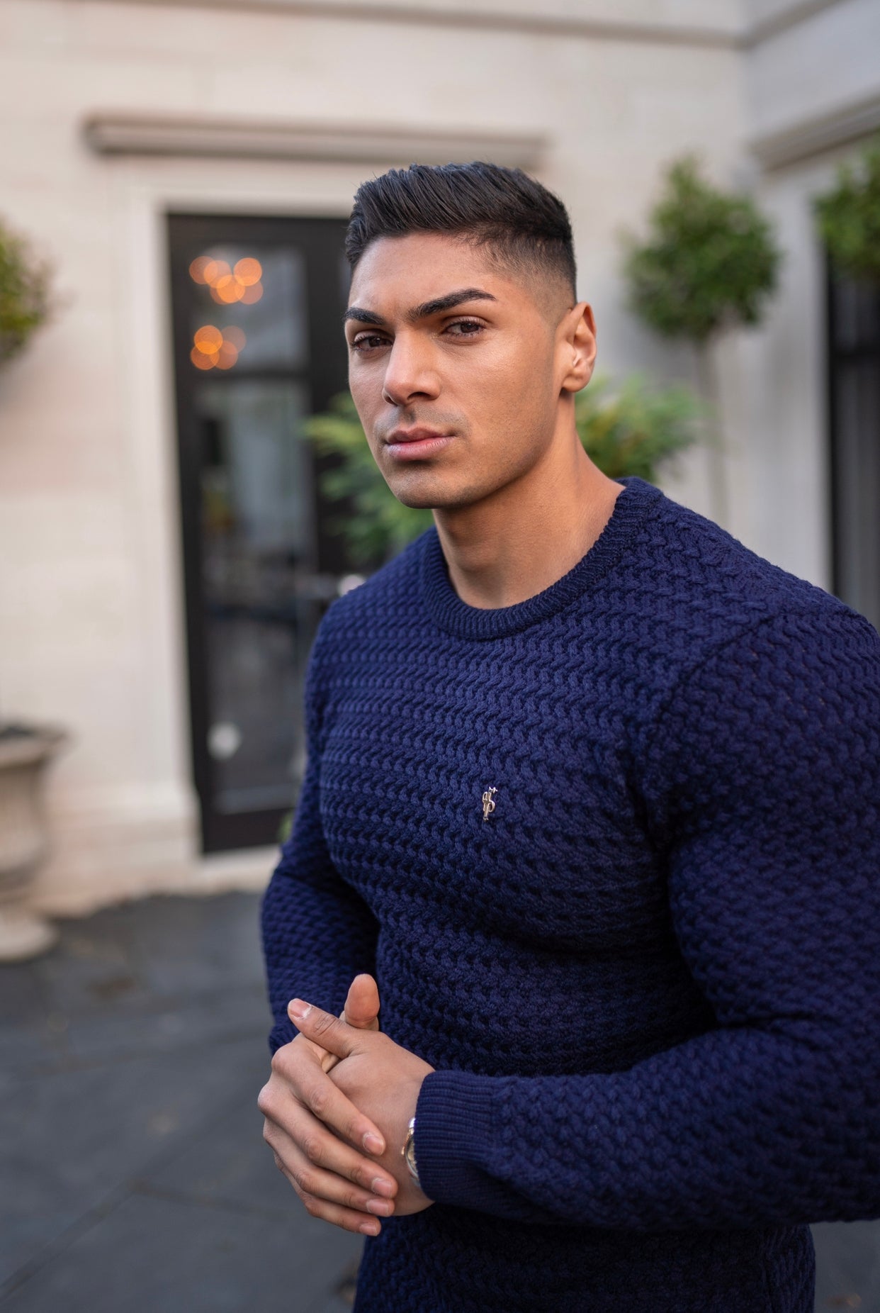 Navy Knitted Weave Super Slim Jumper With Metal Decal - FSJ013