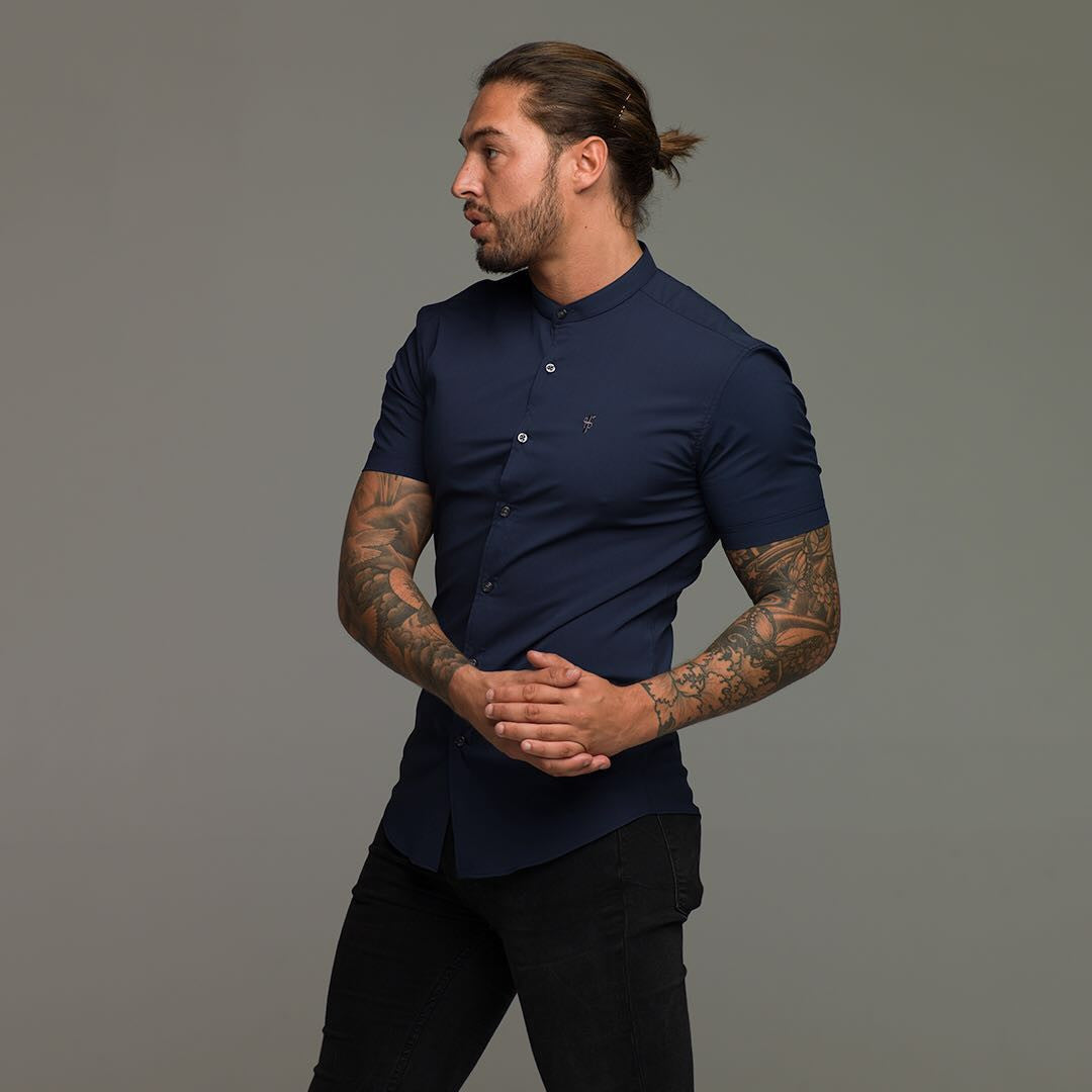 Super Slim Stretch Classic Navy Grandad Collar Short Sleeve - FS182