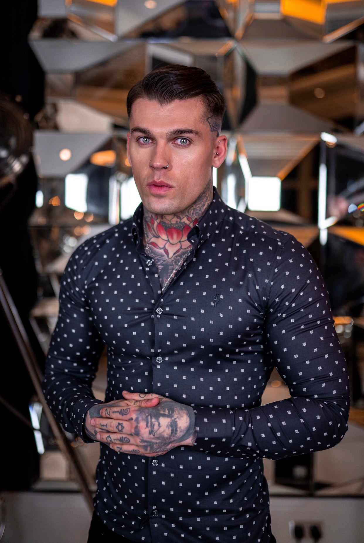 Super Slim Stretch Charcoal & Off White Broken Square Print Long Sleeve - FS663