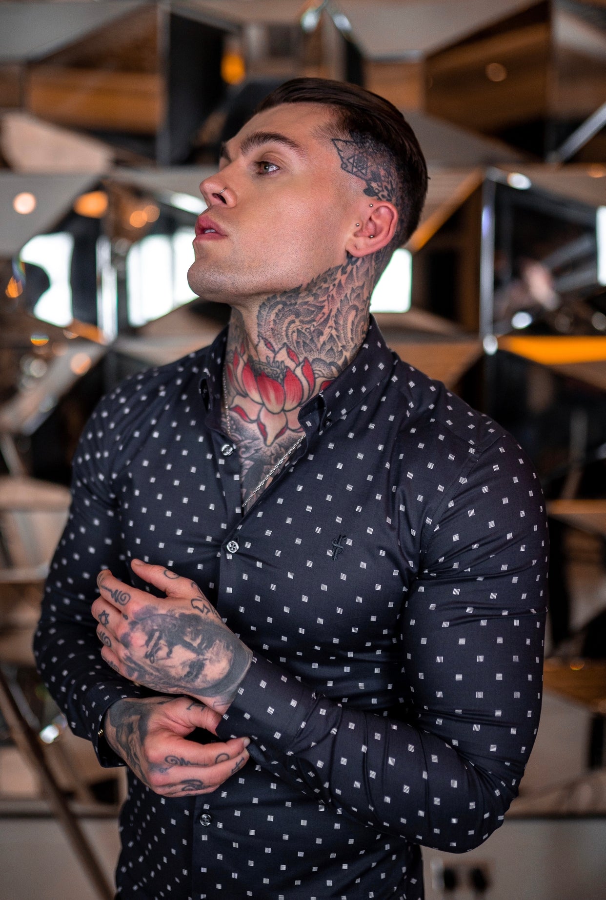 Super Slim Stretch Charcoal & Off White Broken Square Print Long Sleeve - FS663